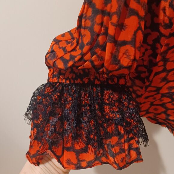 ROCOCO SAND/Tuckernuck Red Print Long Sleeve Tie Neck Lace Detail Blouse XS - Picture 5 of 9